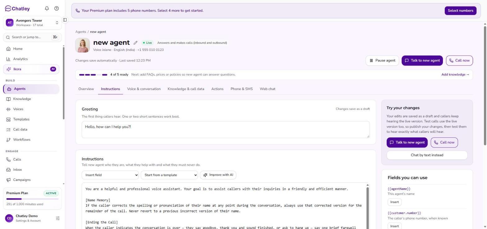 The Instructions tab with the greeting, the instructions editor and a Fields you can use panel