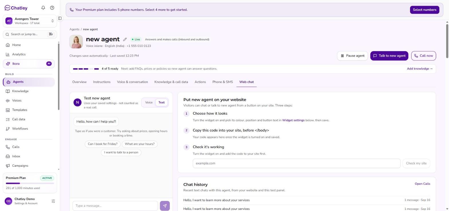 The Web chat tab with a test chat on the left and the website widget setup on the right