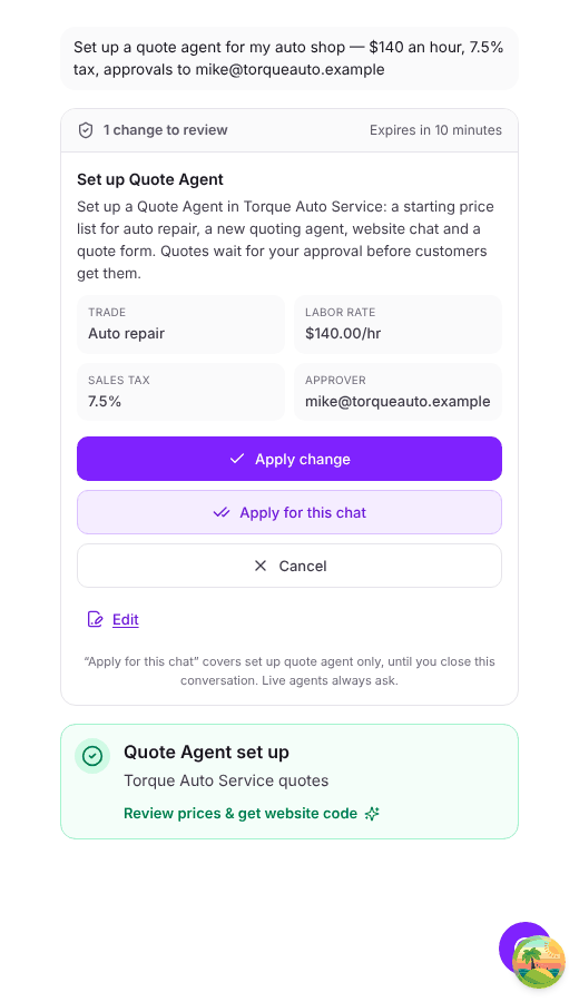 Ikora setting up a Quote Agent from a chat message