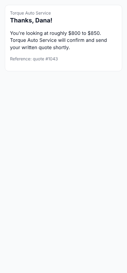 Quote form thank-you page with the price range