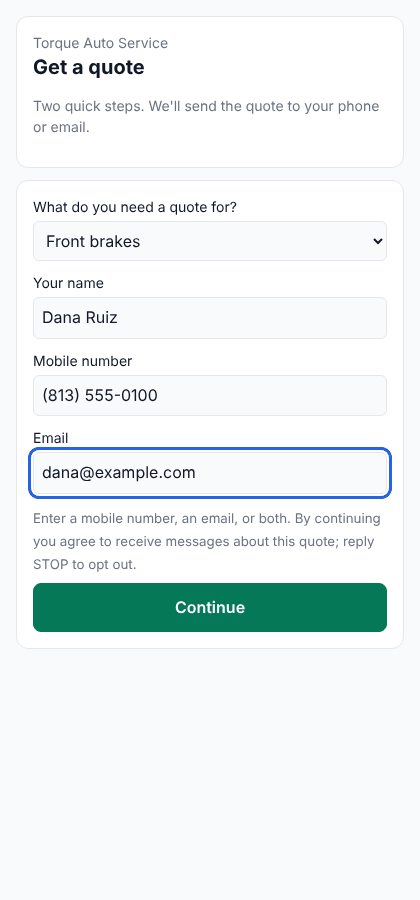 Quote form step 1 — job, name, mobile and email