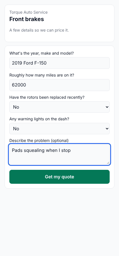 Quote form step 2 — the questions for front brakes