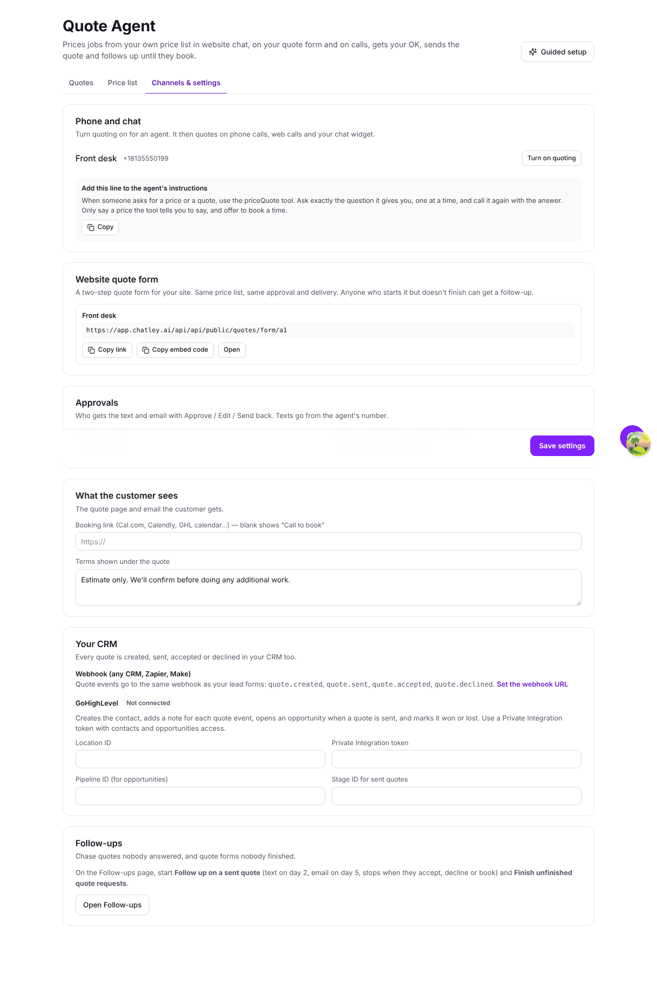 The Channels & settings tab — phone and chat, website quote form, approvals, what the customer sees, your CRM and follow-ups