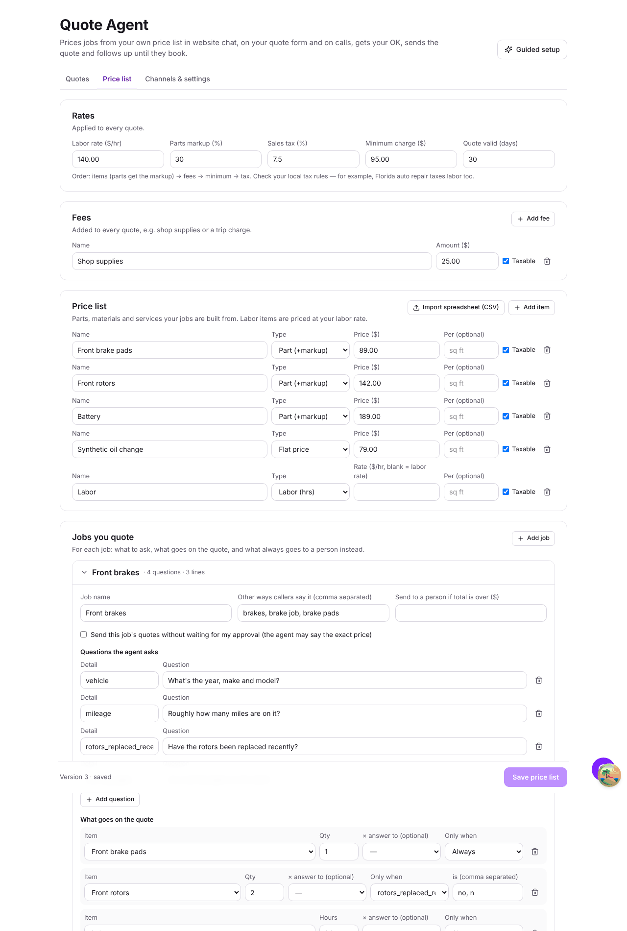 The Price list tab — rates, fees, items and jobs