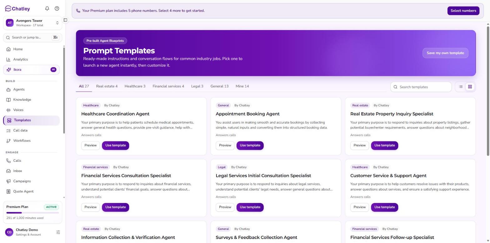 The Templates page with industry tabs, search and cards each with Preview and Use template buttons