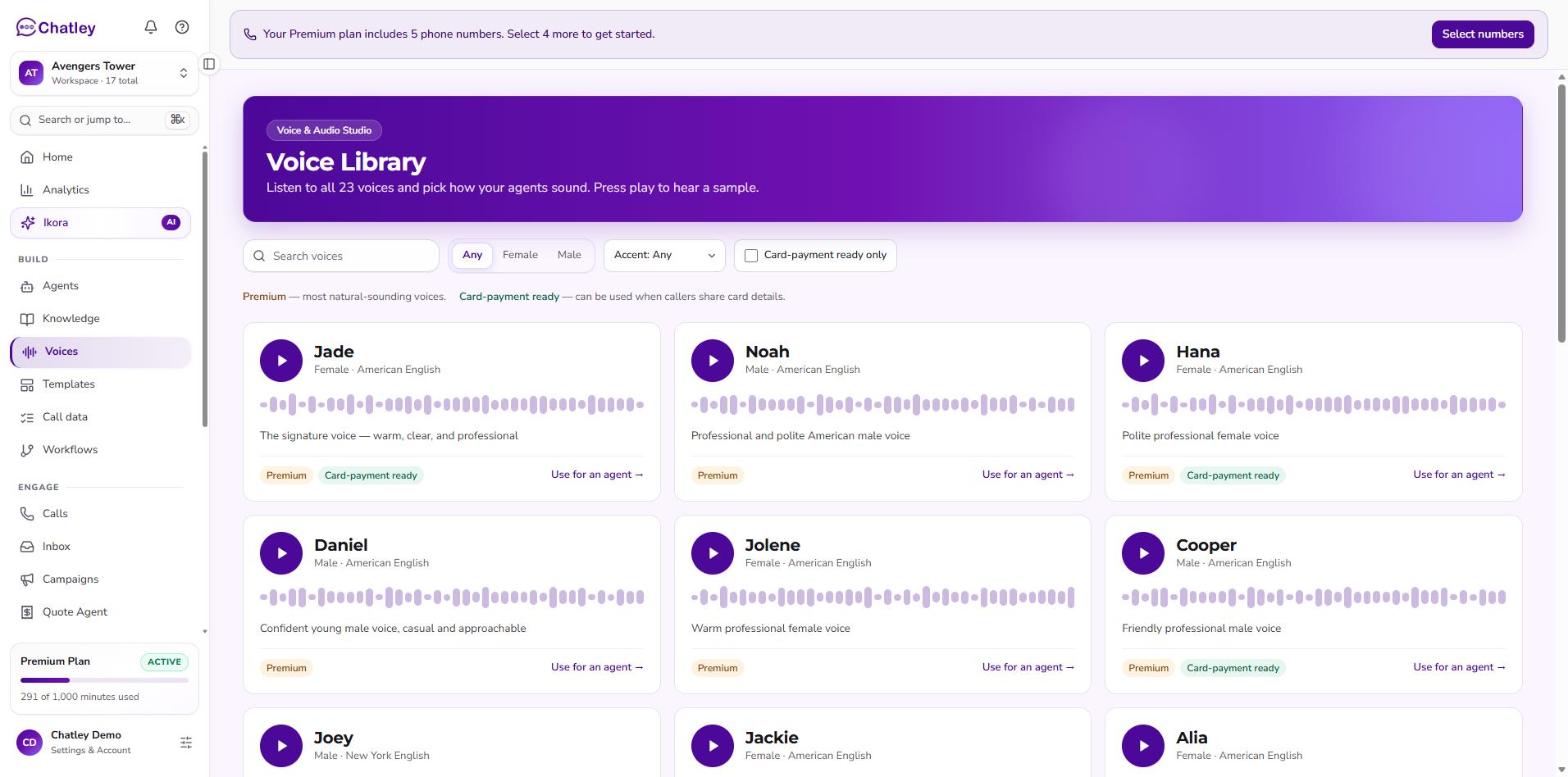 The Voice library showing voice cards with a play button, waveform, tags and a Use for an agent link