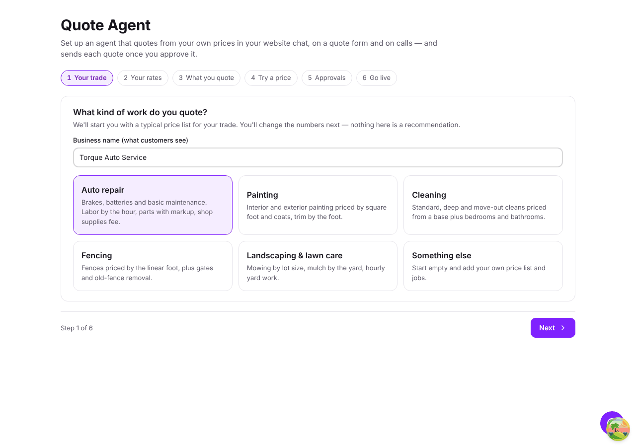 Step 1 — business name and trade picker
