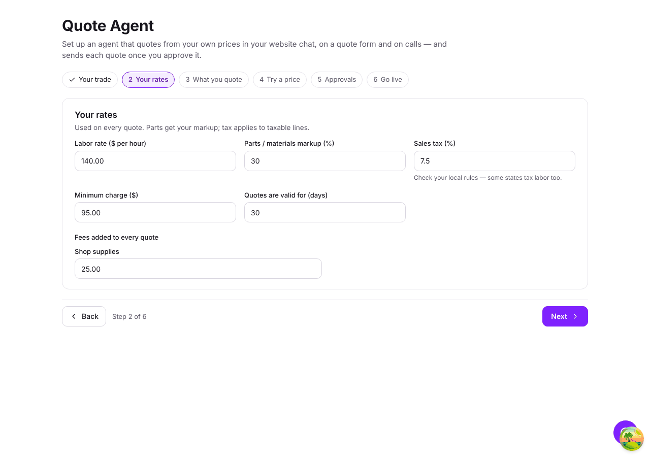 Step 2 — labor rate, markup, tax, minimum charge and fees