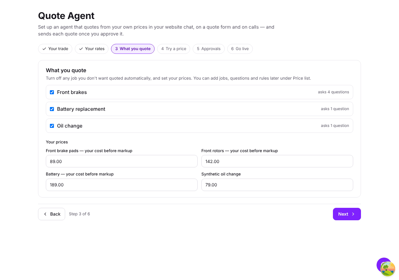 Step 3 — choose jobs and set their prices