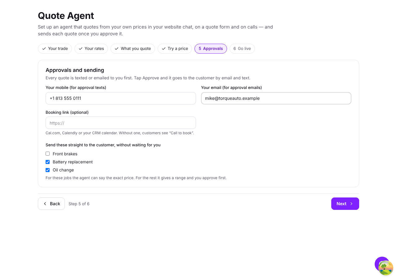 Step 5 — approval mobile, email and booking link